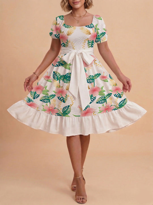 Damen modernes Blumenkleid mit elegantem Taillengürtel und asymmetrischem Saum R&B