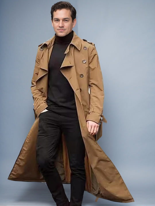 Herren langer Trenchcoat mit modernem Schnitt und praktischen Taschen R&B