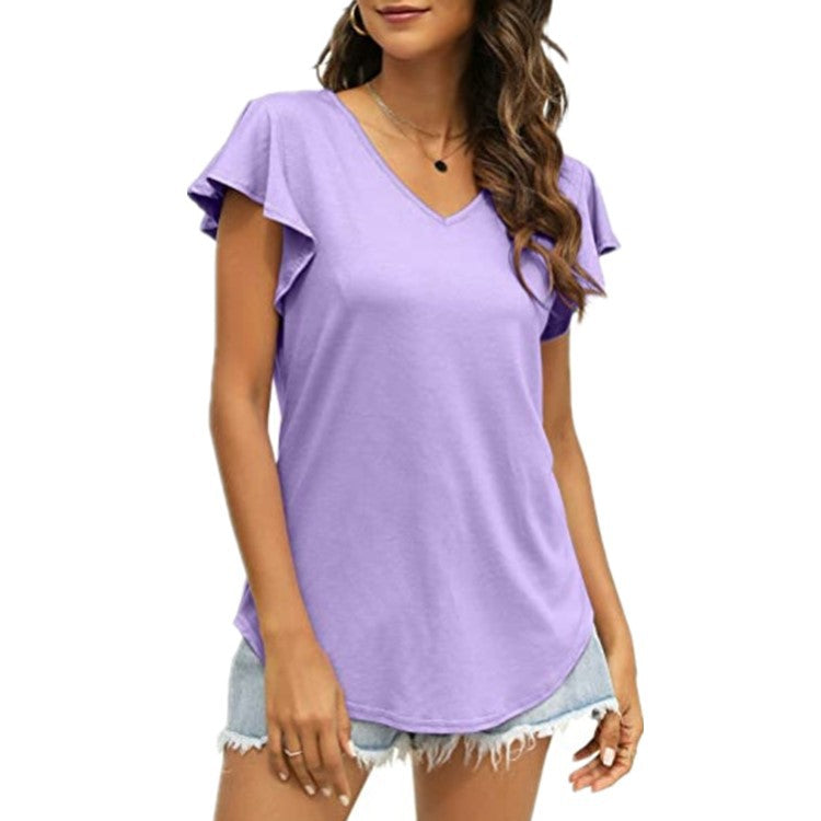 Damen V-Ausschnitt T-Shirt mit Rüschenärmeln und lässigem Schnitt R&B