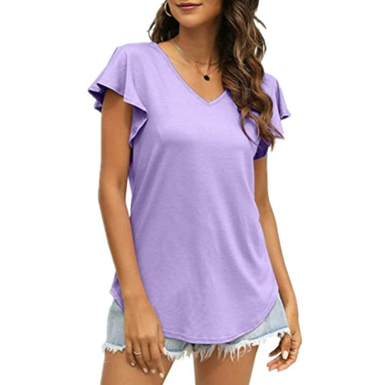 Damen V-Ausschnitt T-Shirt mit Rüschenärmeln und lässigem Schnitt R&B