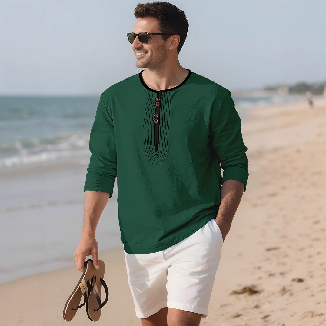 Herren nan weit geschnittenes Langarm-Kurta-Oberteil mit dekorativen Biesen und Holzknopfleiste R&B