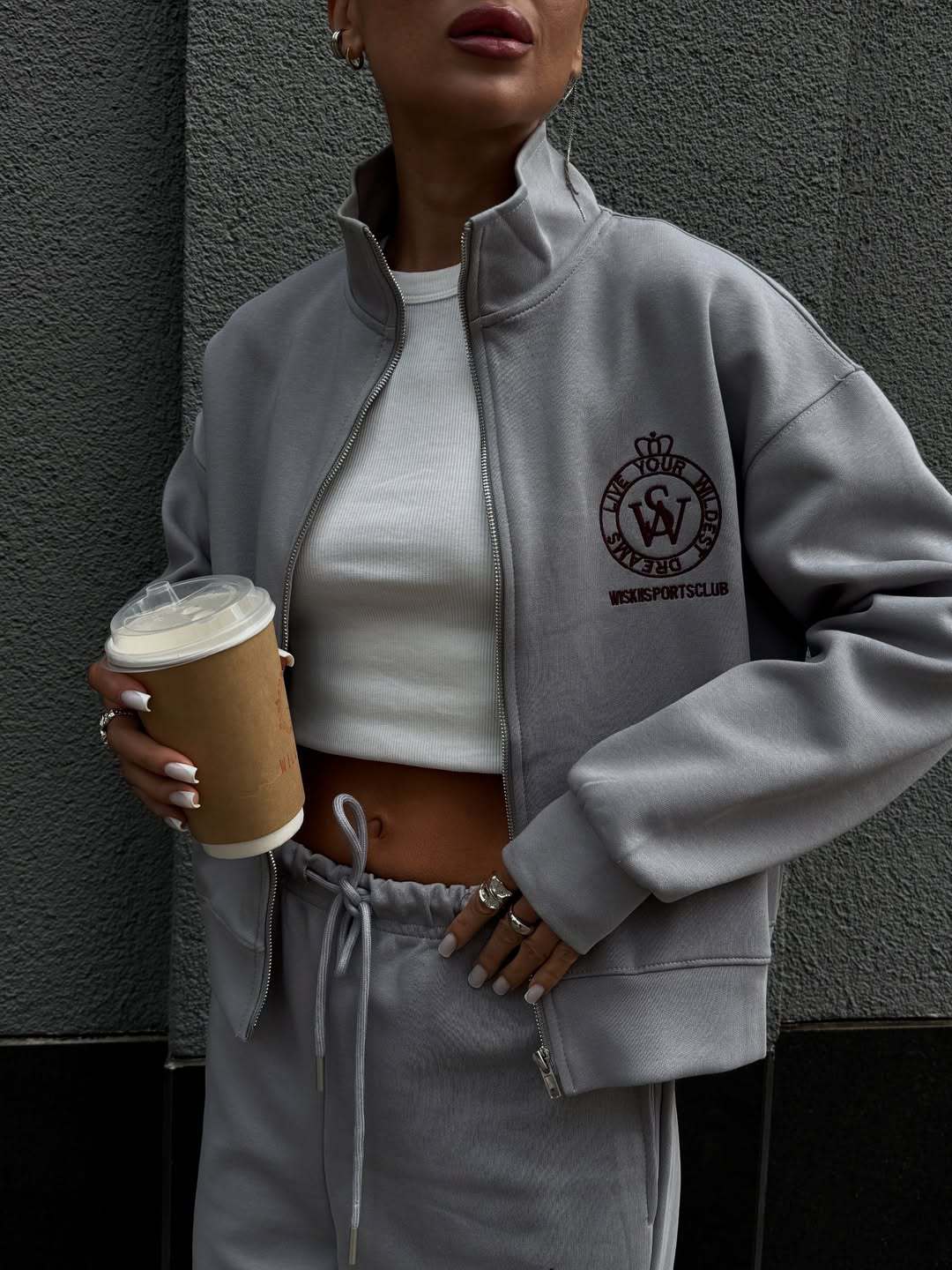 R&B | Reißverschluss Kragen Sweatshirt und Gerade Hosen Zweiteiler Satz