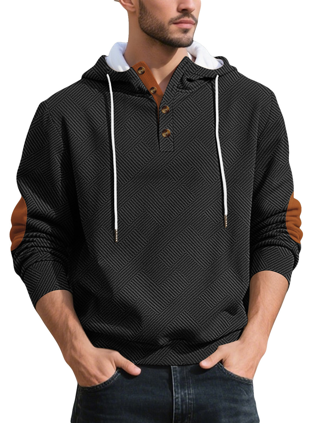 Herren nan strukturierter Kapuzen-Henley-Pullover mit Jacquardstruktur, Knopfleiste und Ellenbogenpatches R&B