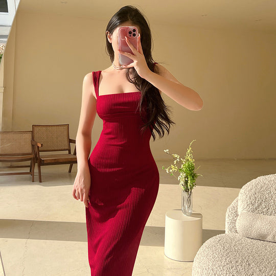 Damen figurbetontes Midi-Kleid mit quadratischem Ausschnitt und feinen Rippdetails R&B