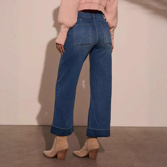 Damen weit geschnittene Denim-Hose mit hohem Bund R&B
