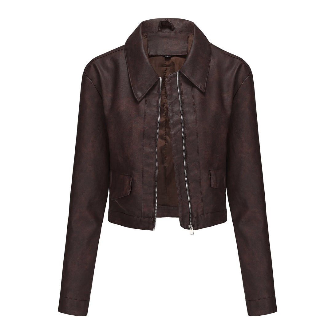 Damen modische cropped Kunstlederjacke mit klassischem Wellenkragen R&B