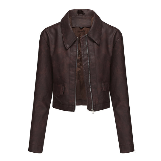 Damen modische cropped Kunstlederjacke mit klassischem Wellenkragen R&B