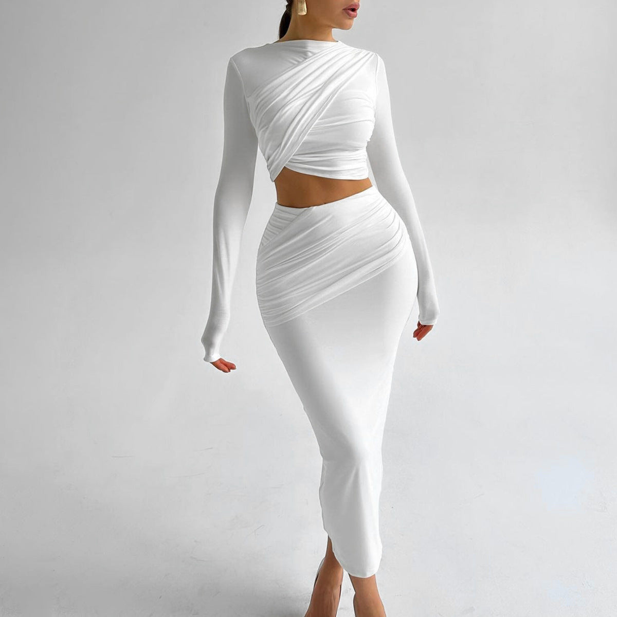 Damen Elegantes Wickeloberteil und Maxi-Rock Set mit langen Ärmeln und figurbetonter Silhouette R&B