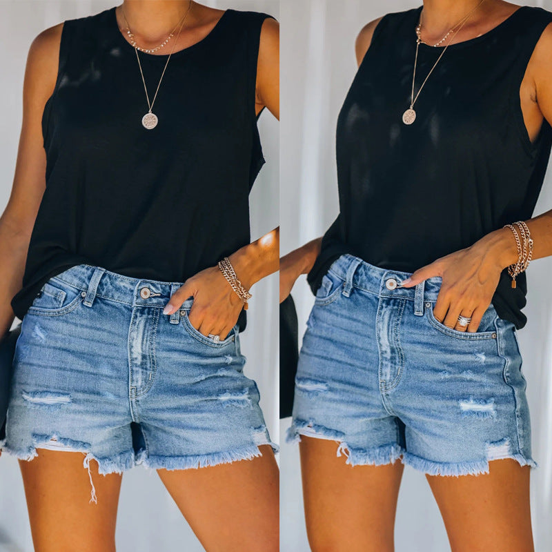 Damen Hochtaillierte Destroyed Jeansshorts R&B