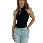 Damen modernes Hochkragen Top mit elegantem Schlitz und goldener Akzent R&B