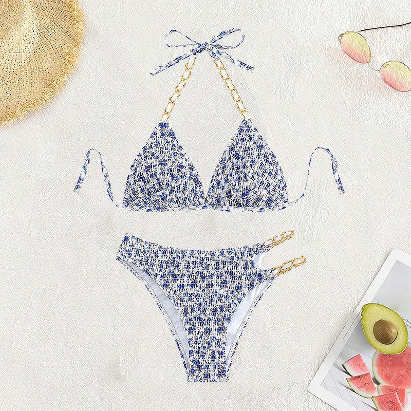 Damen Triangel-Bikini mit künstlerischem Muster und verstellbaren Ketten R&B