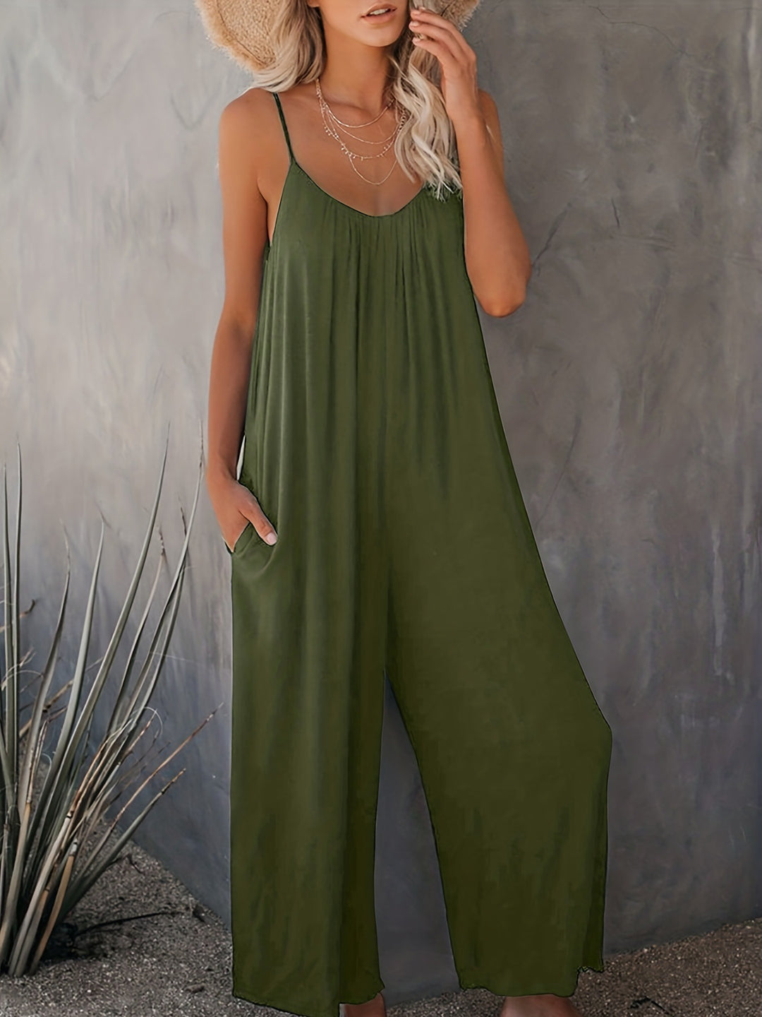Damen Lässiger Jumpsuit mit tiefem V-Ausschnitt und praktischen Taschen R&B