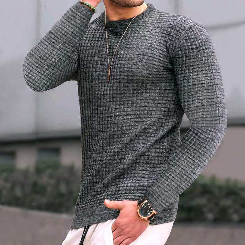 Herren nan figurbetonter gewaffelter Rundhalspullover aus Feinstrick mit Rippbündchen R&B