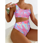 Damen One-Shoulder Bikini-Set mit buntem Muster und hohem Beinausschnitt R&B