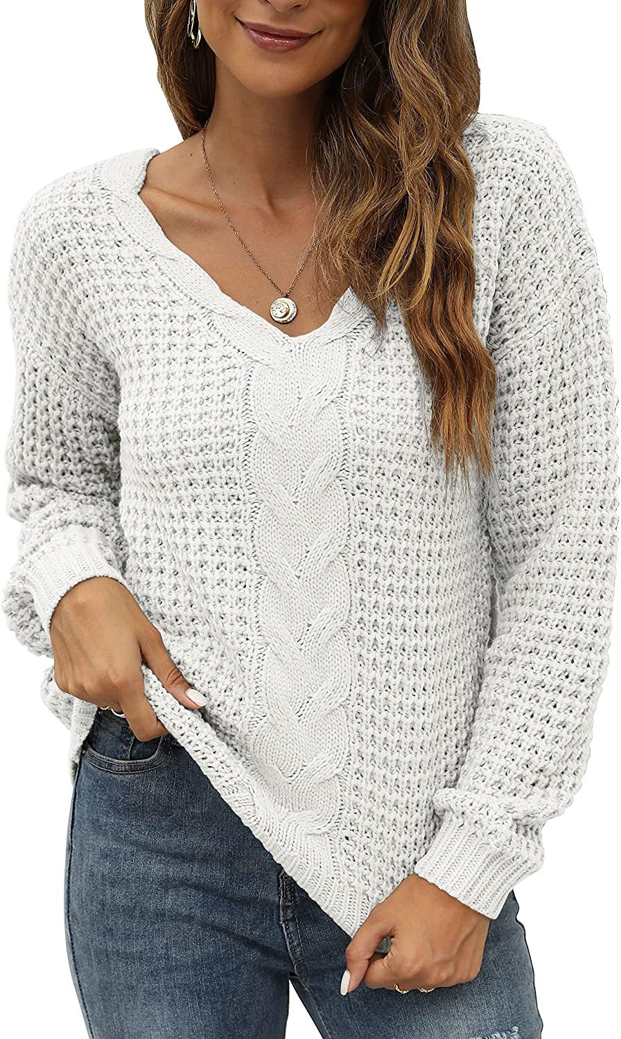 Damen lässiger Strickpullover mit tiefem V-Ausschnitt und detailliertem Zopfmuster R&B