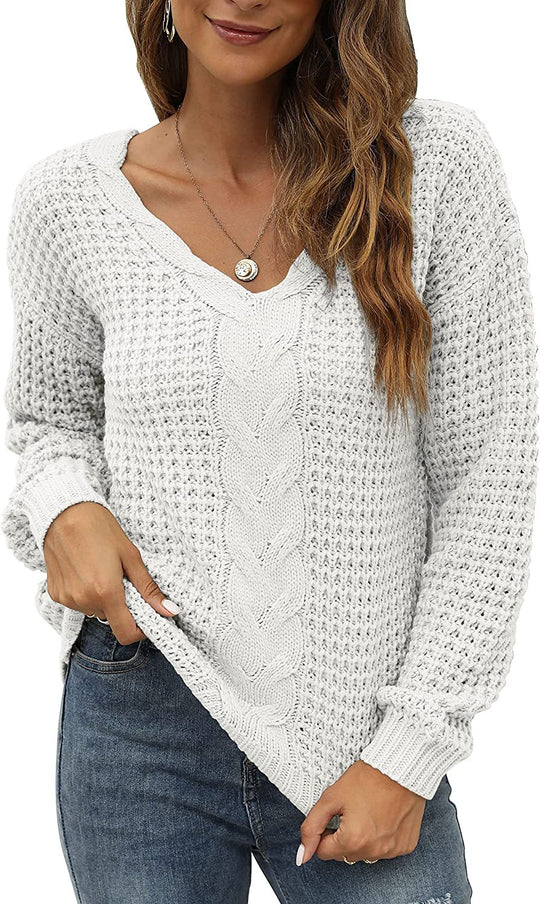 Damen lässiger Strickpullover mit tiefem V-Ausschnitt und detailliertem Zopfmuster R&B