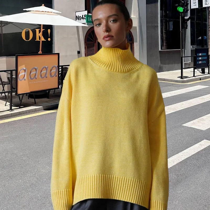Damen Strickpullover mit hohem Kragen und weitem Schnitt R&B