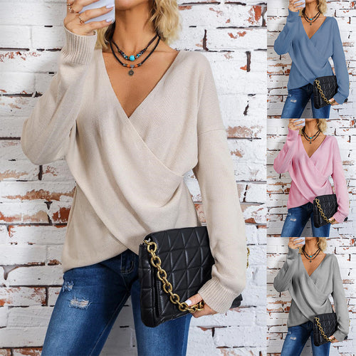 Damen Wickelpullover mit tiefem V-Ausschnitt und lässigem Schnitt R&B