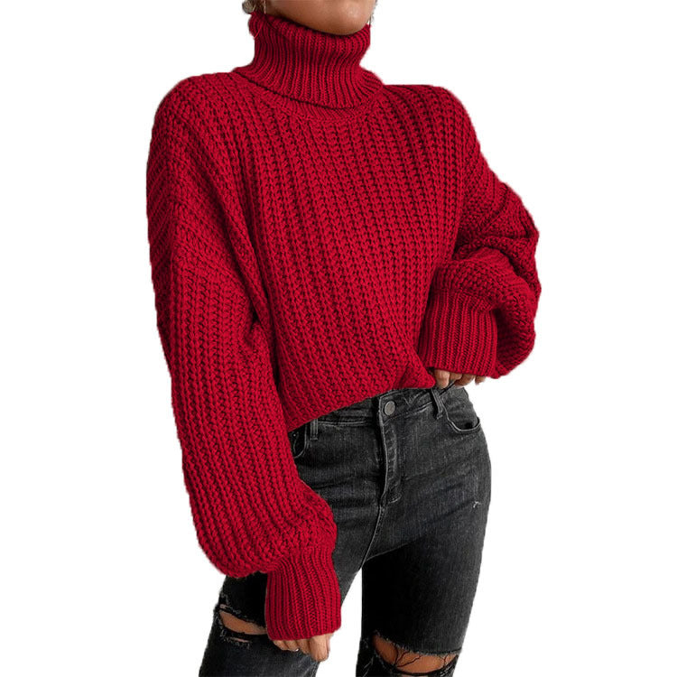 Damen Grobstrickpullover mit hohem Kragen und lässigem Schnitt R&B