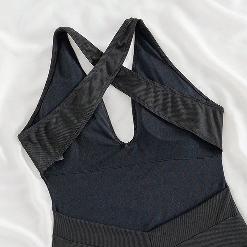 Damen Einteiler Badeanzug mit tiefem V-Ausschnitt und raffinierten Rippendetails