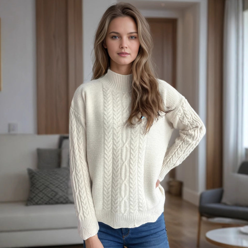 Damen kuscheliger Strickpullover mit modernem Zopfdesign und Rundhalsausschnitt R&B