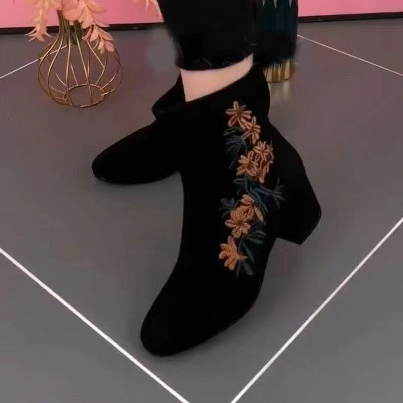 Damen Elegante Stiefeletten mit floraler Stickerei und modischem Blockabsatz
