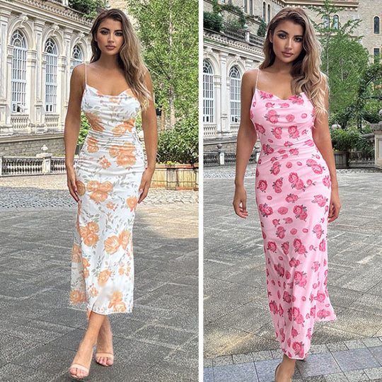Damen Langes Blumenkleid mit feinen Trägern und figurbetontem Schnitt R&B