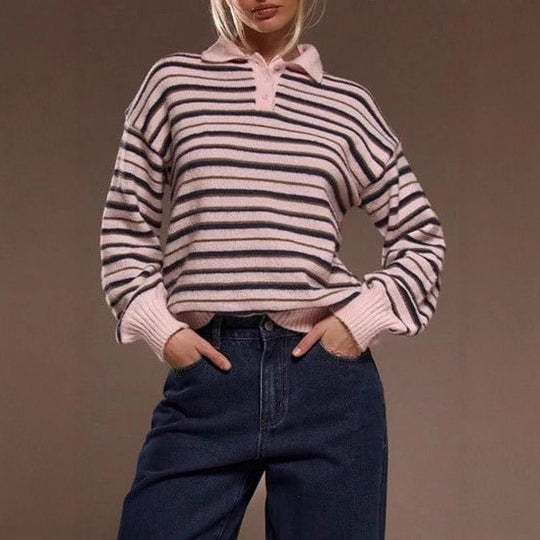 Damen gestreifter Pullover mit Polokragen R&B