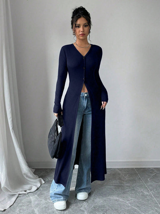 Damen Langstrickjacke mit V-Ausschnitt und Knopfverschluss R&B