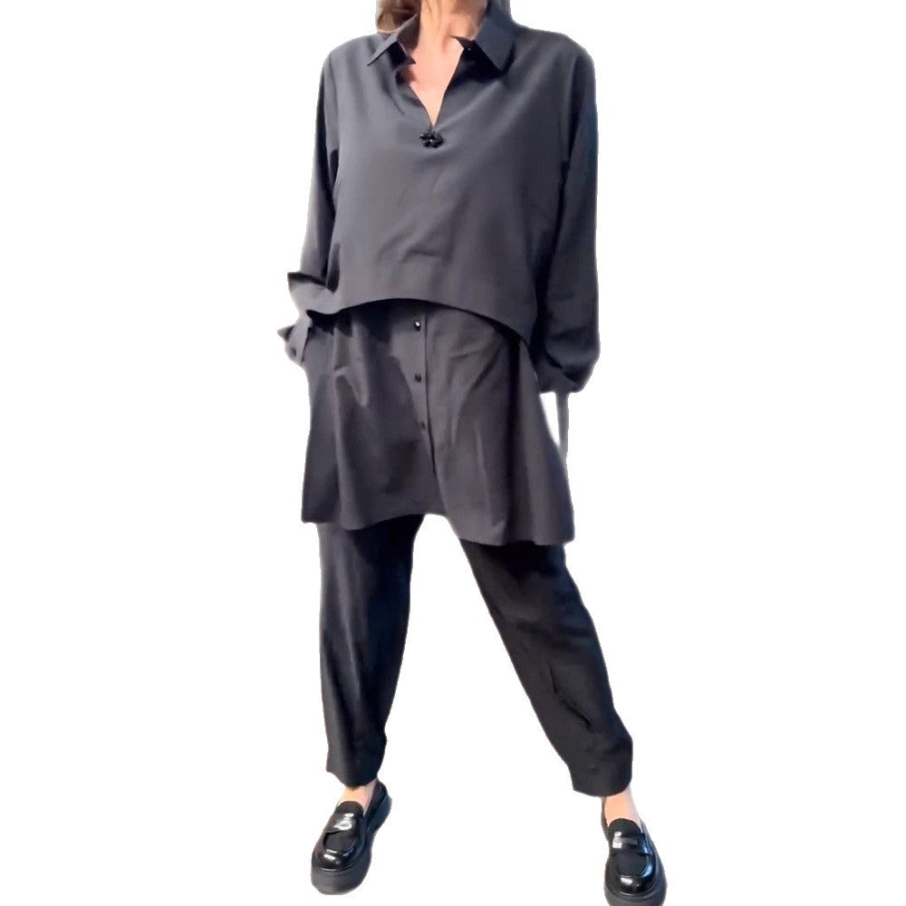 Damen nan urbanes Lagenhemd-Set mit überlappendem Kurzüberwurf und konisch geschnittener Bundfaltenhose R&B