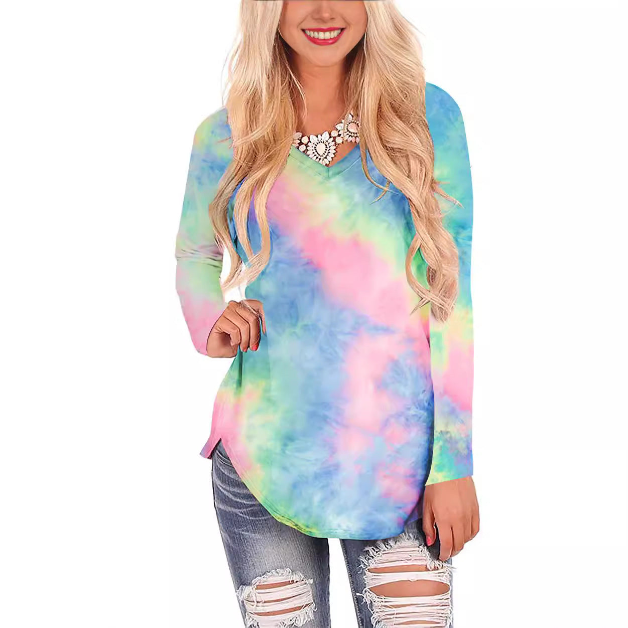 Damen Vokuhila-Oberteil mit modernem Farbverlauf-Design und 3/4-Ärmeln