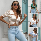 Damen Satin Bluse mit Knoten und Puffärmeln R&B