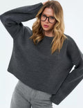 Damen gemütlicher Cropped-Pullover mit lässigen Ballonärmel und Rippstruktur R&B