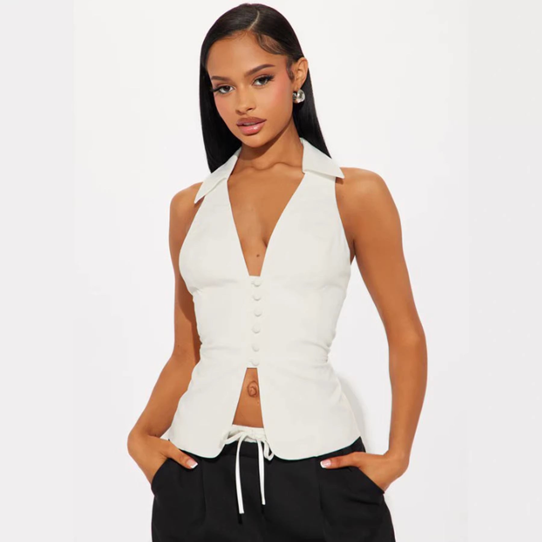 Damen elegant geschnittenes Wickeloberteil mit Knopfleiste und Kragen R&B
