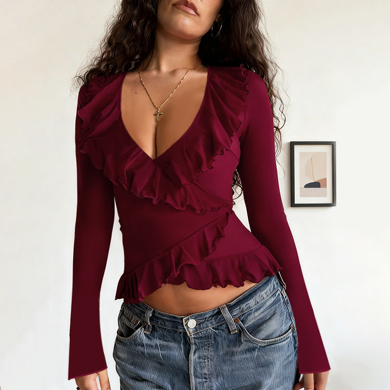Damen lässiges Wickeloberteil mit Rüschendetails und V-Ausschnitt R&B