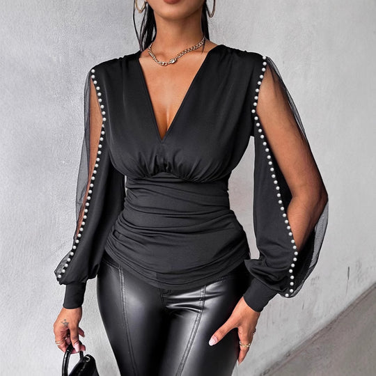 Damen Elegantes Oberteil mit transparenten Puffärmeln und Perlenverzierung R&B