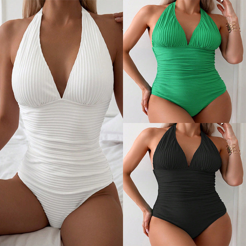 Damen Einteiliger Badeanzug mit gerafftem Design und tiefem V-Ausschnitt R&B
