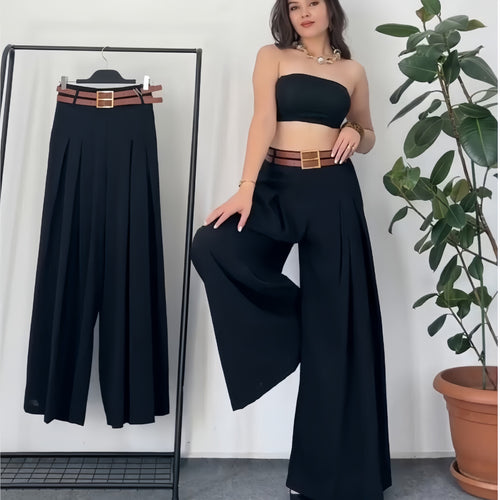 Damen Weite Plissee-Hose mit modernem Gürtel R&B