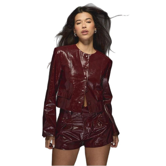Damen Kunstlederjacke mit glänzendem Finish und eleganten Blenden R&B