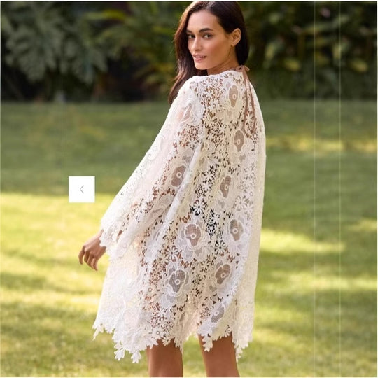 Damen Strandkimono mit floralem Häkelmuster und weit ausgestellten Ärmeln R&B