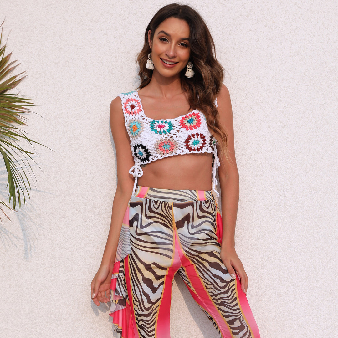 Damen gehäkeltes Crop-Top mit bunten Blumenmotiven R&B