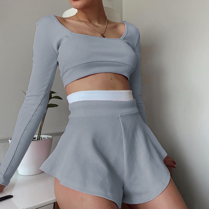 Damen sportliches Crop-Top und Short-Set mit weitem Saum R&B
