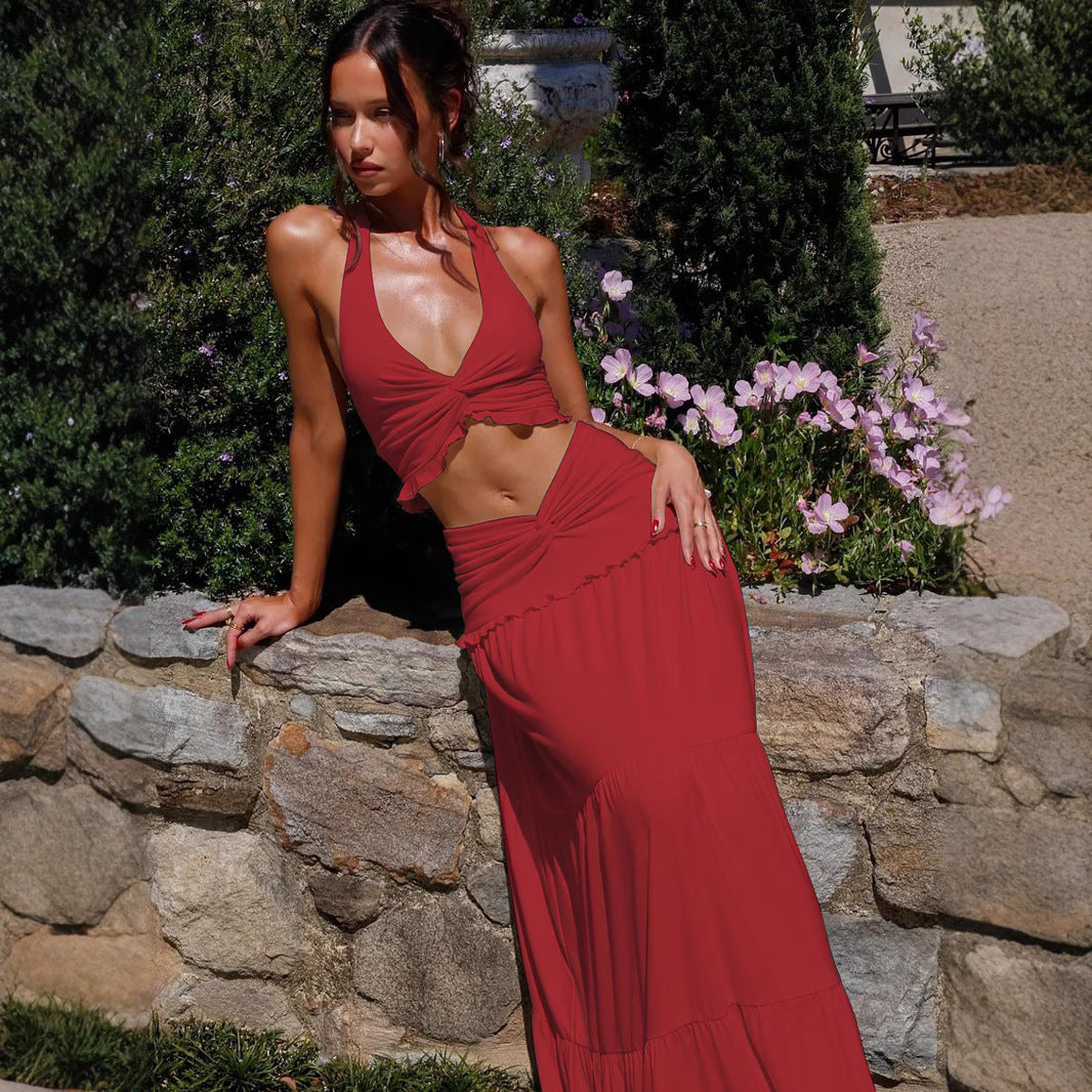 Damen Zweiteiliges Sommerkleid mit raffiniertem Oberteil und fließendem Rock R&B