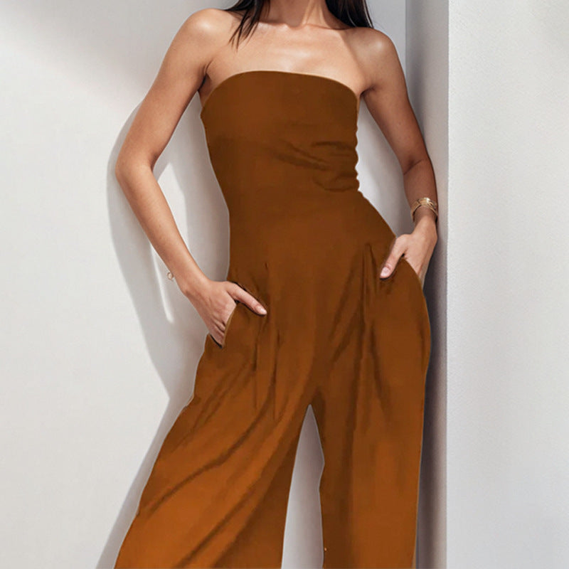 Damen elegantes Maxi-Jumpsuit mit schulterfreiem Design und praktischen Seitentaschen R&B
