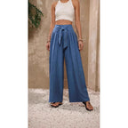Damen Weite Hochtaillierte Hose mit Schleifenbund und Falten R&B