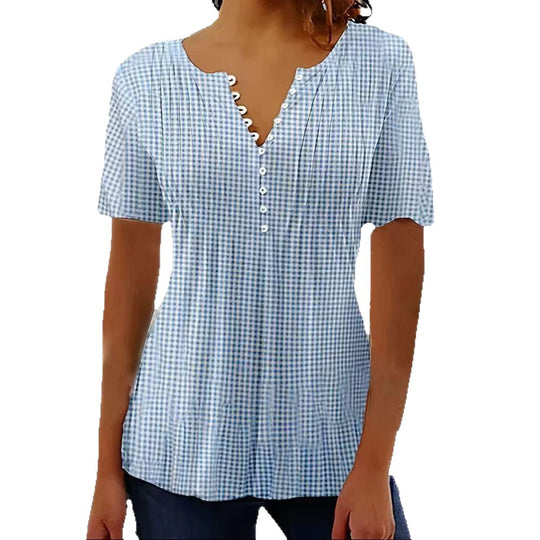 Damen nan leichte Karobluse mit V-Ausschnitt, Zierknopfleiste und Stufenvolant R&B