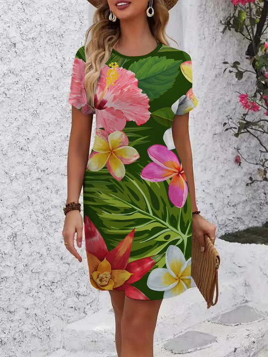 Damen lässiges T-Shirt Kleid mit buntem Blumenmuster und bequemem Schnitt R&B