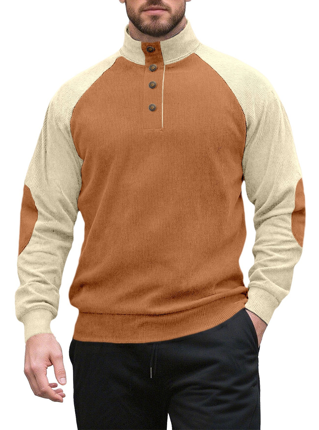 Herren nan zweifarbiger Ripptroyer mit asymmetrischer Knopfleiste und Velours-Ellbogenpatch R&B