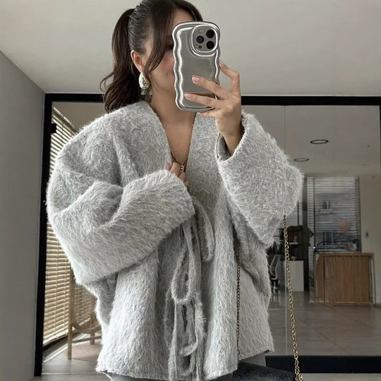 Damen weiche und trendige Strickjacke mit Bindeverschluss R&B