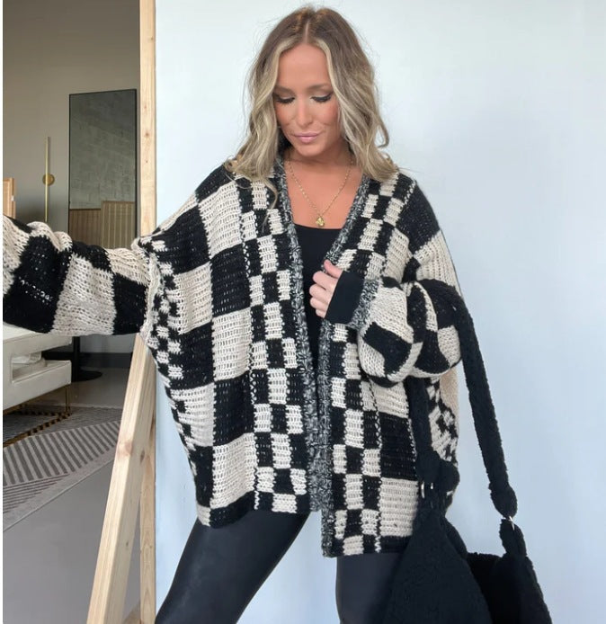 Damen lässiger Strickcardigan mit Karomuster und oversized Schnitt R&B
